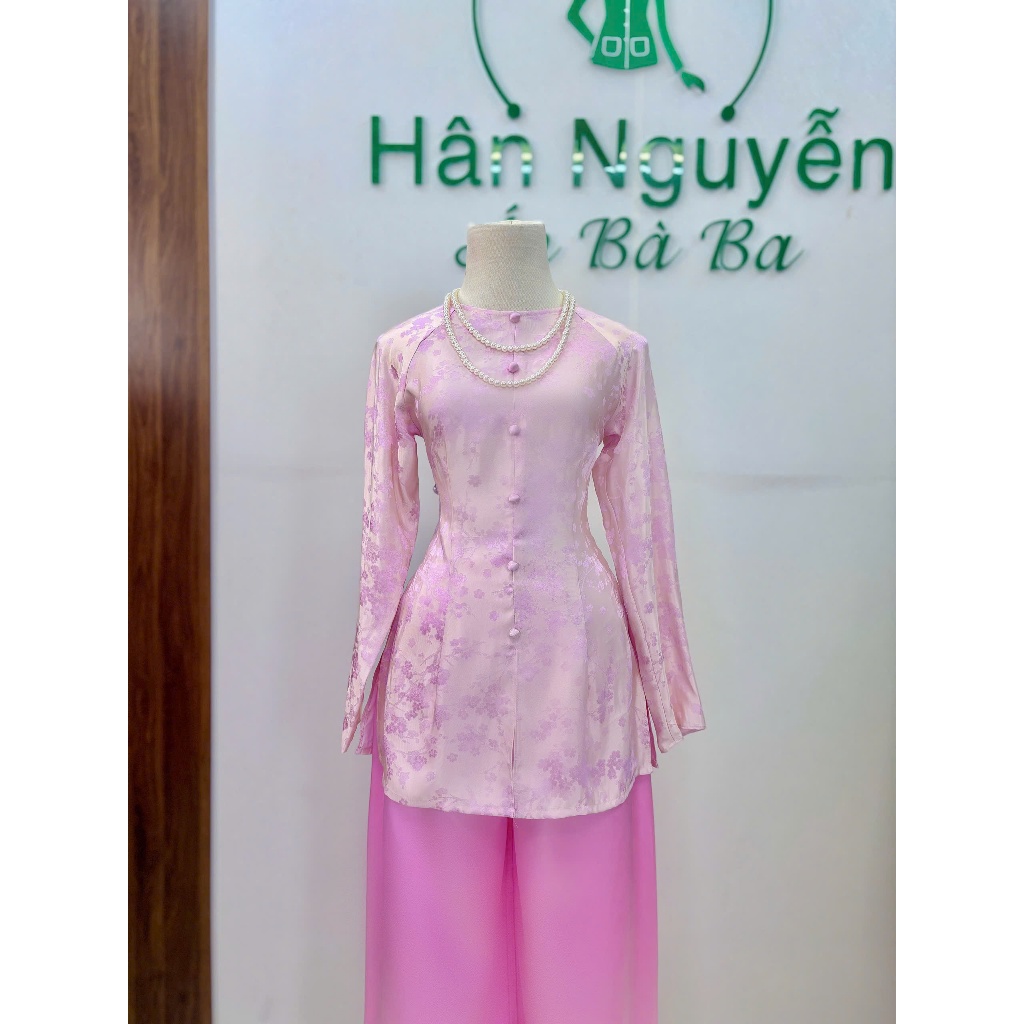 Hân Nguyễn Áo Bà Ba - B.A178 - Áo Bà Ba Tơ Tằm Dáng Dài Dệt Kim Cổ Tròn Nút Nụ Dây Kéo ( QUẦN NGỌC TRAI )
