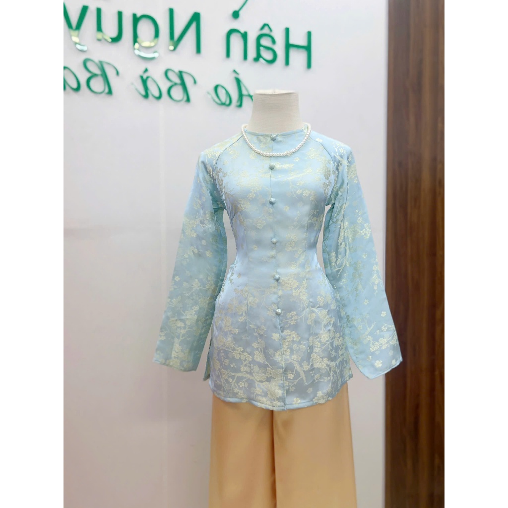 Hân Nguyễn Áo Bà Ba - B.A178 - Áo Bà Ba Tơ Tằm Dáng Dài Dệt Kim Cổ Tròn Nút Nụ Dây Kéo ( QUẦN NGỌC TRAI )
