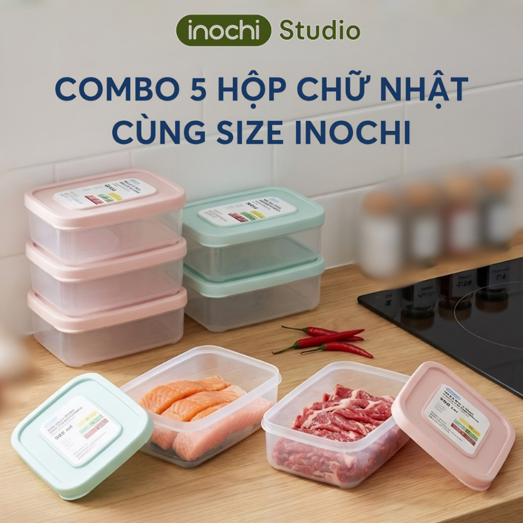 inochi Combo 5 Hộp Chữ Nhật Inochi Đựng Thực Phẩm Tươi – Dùng Trong Tủ Lạnh (Màu Ngẫu Nhiên)