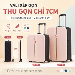 Vali Xếp Gọn 20/24 Inch Thu Gọn 7CM, Vali Du Lịch Tiết Kiệm Diện Tích, Bánh Xe Êm, Màu Pastel