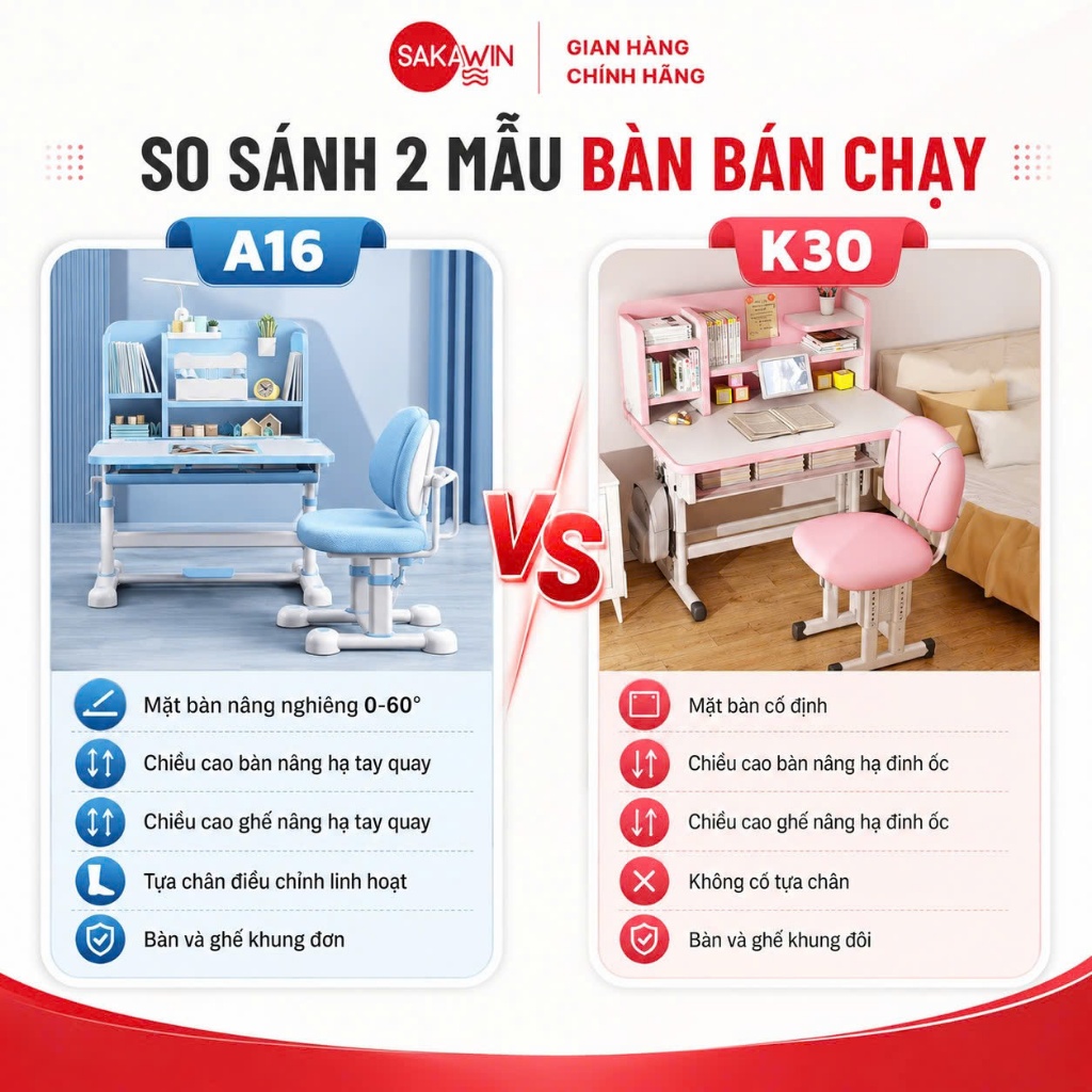 (Bản Cải Tiến) Bộ bàn học chống gù Sakawin A16 Plus, Bàn học cho bé có giá sách, Nâng hạ tay quay.