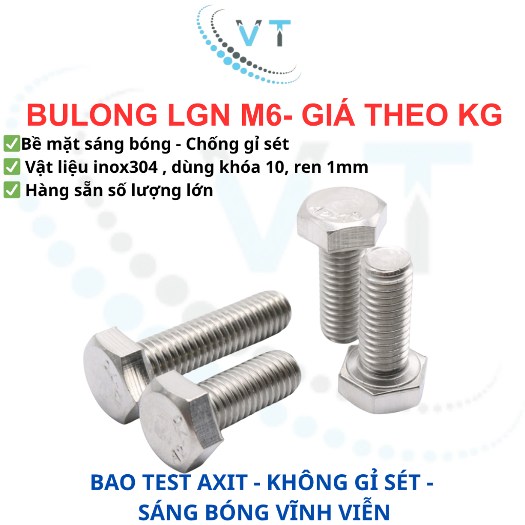 [1KG] Bulong Lục Giác Ngoài Inox 304 M6 (Dài 10mm - 100mm) - Bu Lông Thép Không Gỉ Chuẩn DIN 933