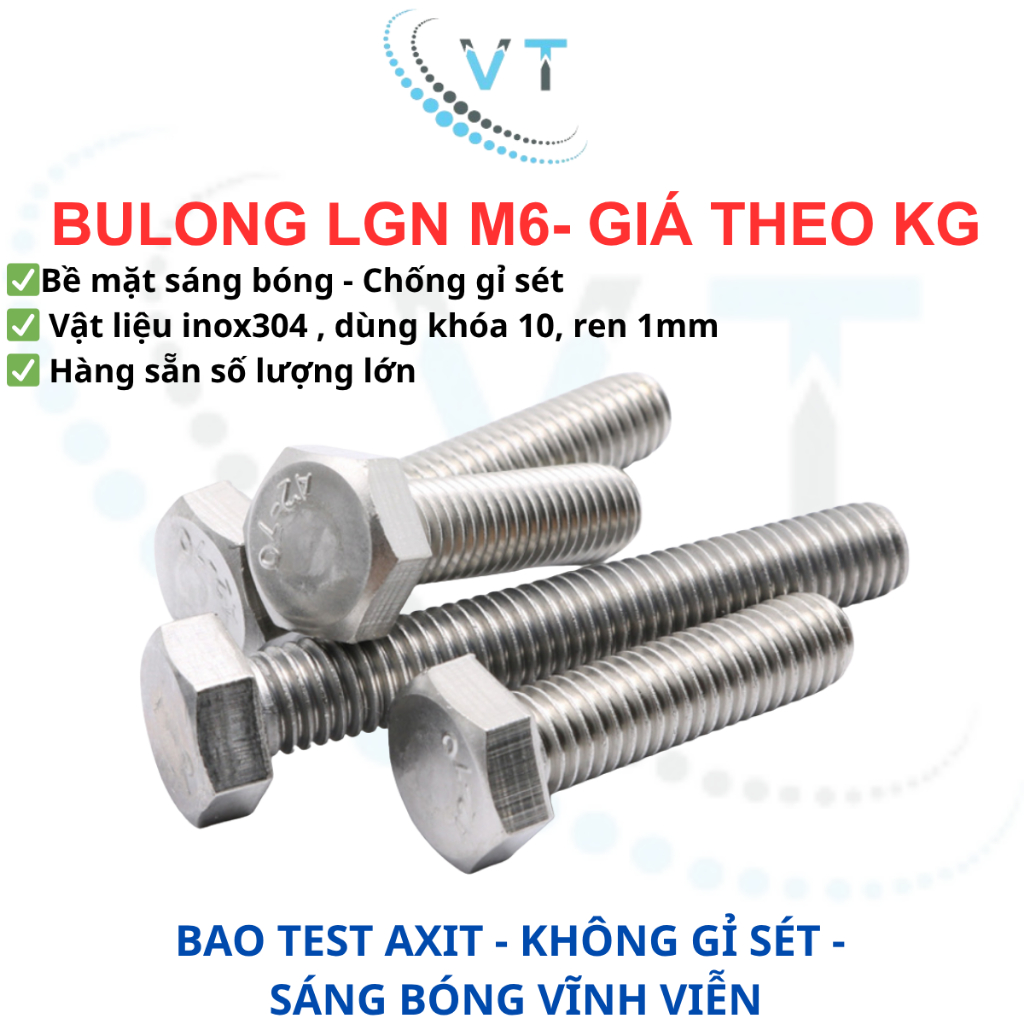 [1KG] Bulong Lục Giác Ngoài Inox 304 M6 (Dài 10mm - 100mm) - Bu Lông Thép Không Gỉ Chuẩn DIN 933