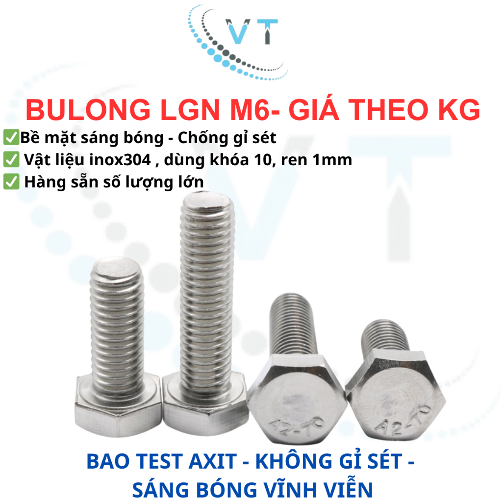 [1KG] Bulong Lục Giác Ngoài Inox 304 M6 (Dài 10mm - 100mm) - Bu Lông Thép Không Gỉ Chuẩn DIN 933