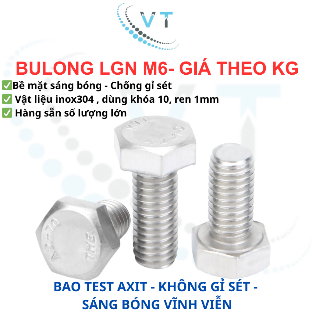 [1KG] Bulong Lục Giác Ngoài Inox 304 M6 (Dài 10mm - 100mm) - Bu Lông Thép Không Gỉ Chuẩn DIN 933