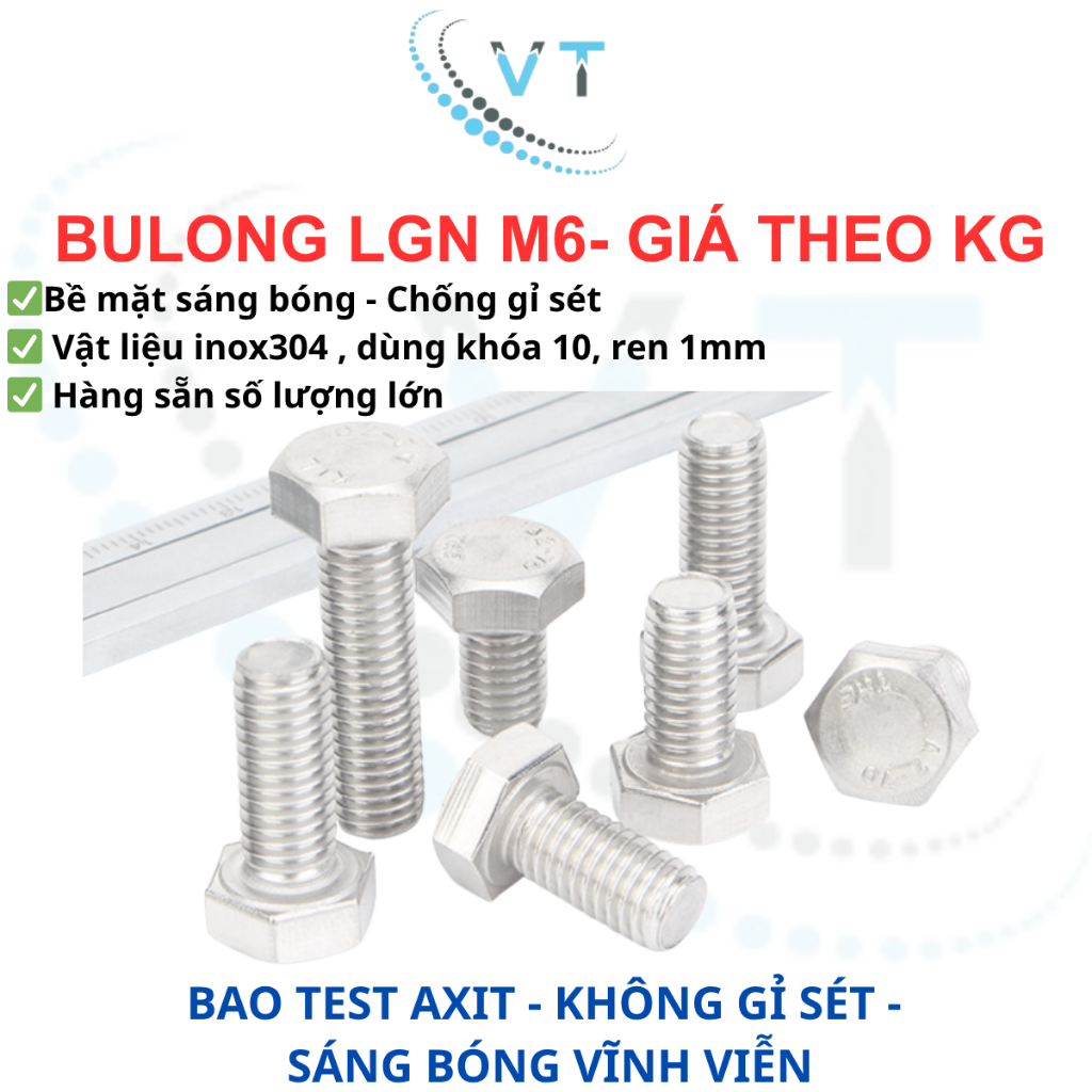 [1KG] Bulong Lục Giác Ngoài Inox 304 M6 (Dài 10mm - 100mm) - Bu Lông Thép Không Gỉ Chuẩn DIN 933