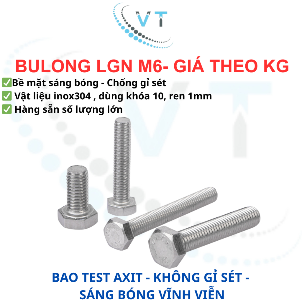 [1KG] Bulong Lục Giác Ngoài Inox 304 M6 (Dài 10mm - 100mm) - Bu Lông Thép Không Gỉ Chuẩn DIN 933