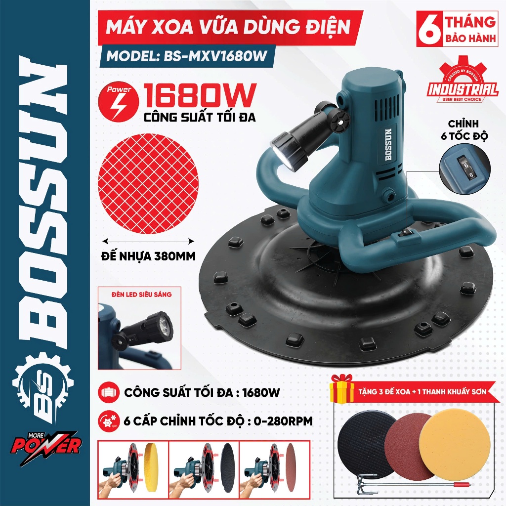 Máy xoa vữa BS-MXV1680W Bossun đa năng công suất 1680W bàn xoa 380mm 6 cấp độ Tích hợp xoa vữa, trà nhám, quấy sơn