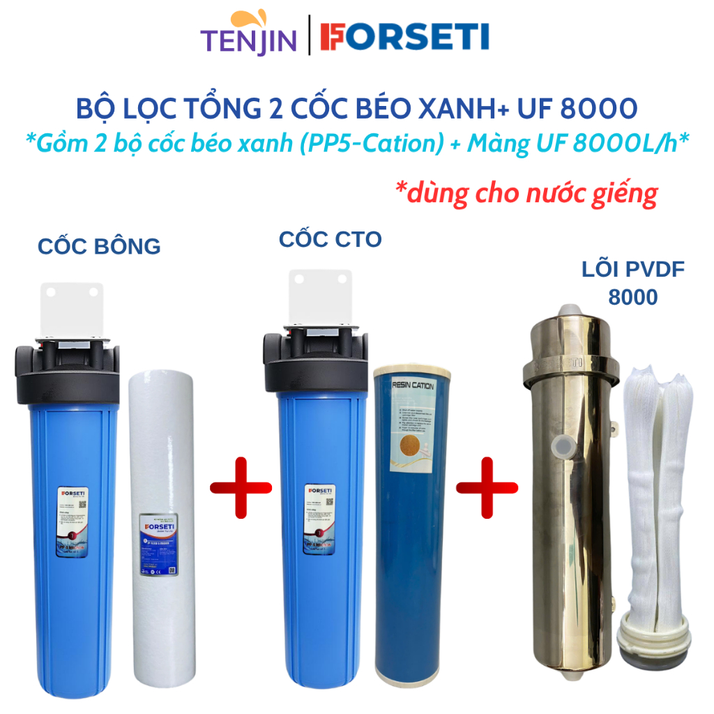 Combo 2 Cốc Lọc Béo Xanh 20 inch + Màng UF công suất lớn Dùng Sợi PVDF Siêu Lọc, Loc Tổng Đầu Ngồn, Lọc Nước Sinh Hoạt