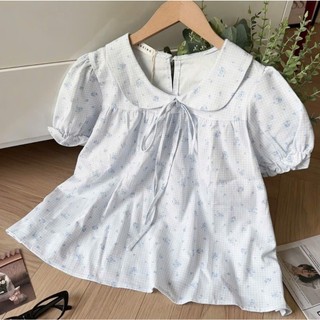 Áo babydoll cổ sen tay bồng buộc nơ phối hoa nhí xinh xắn LAVIAN A147