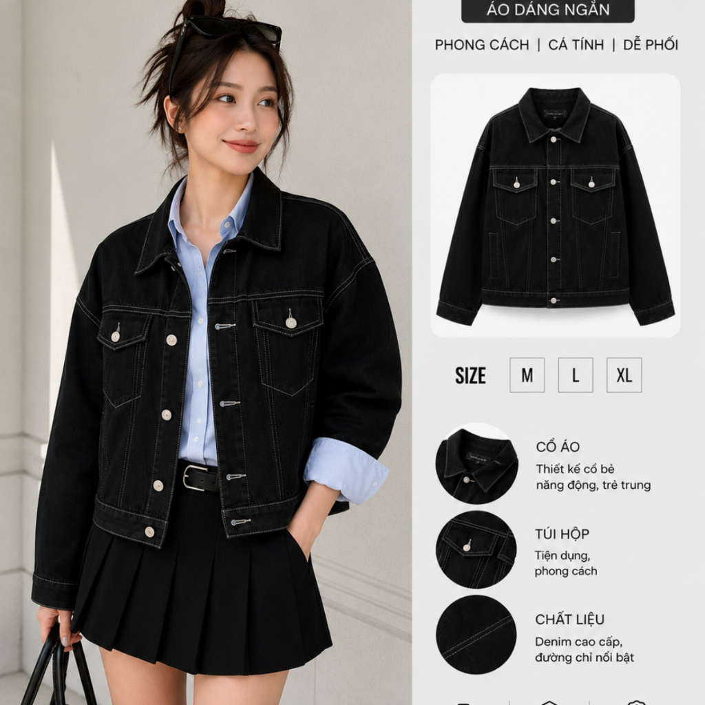 Áo Khoác Jean Dáng Ngắn MIAA Chất Bò Denim màu Xanh Đen chỉ nổi đầy đủ size có túi trong