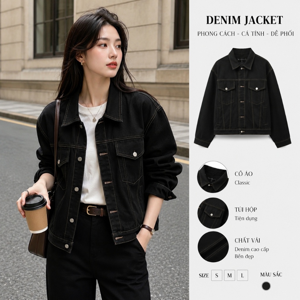 Áo Khoác Jean Dáng Ngắn MIAA Chất Bò Denim màu Xanh Đen chỉ nổi đầy đủ size có túi trong