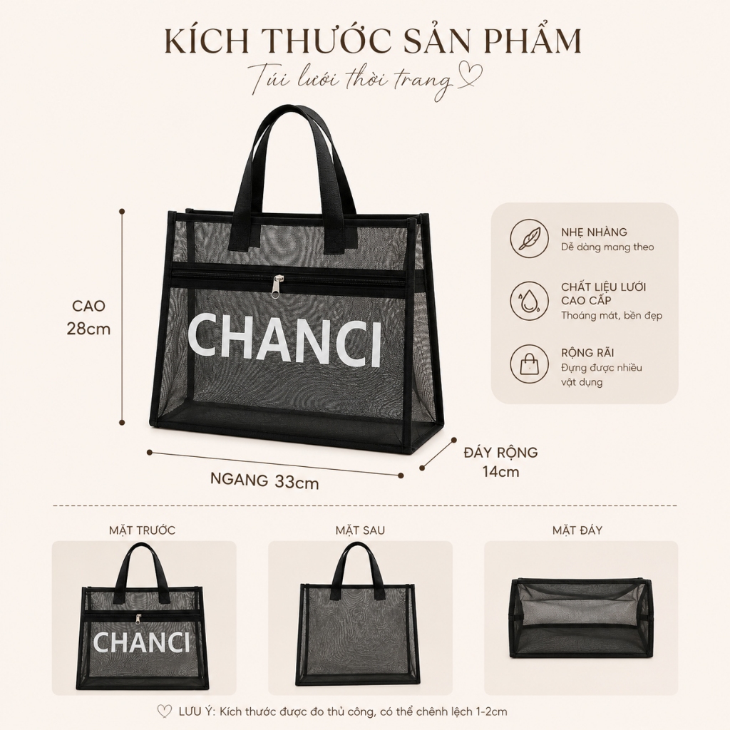 Túi Tote Lưới Nữ CHANCI Cao Cấp 2 Ngăn – Đi Học, Đi Biển Siêu Hot