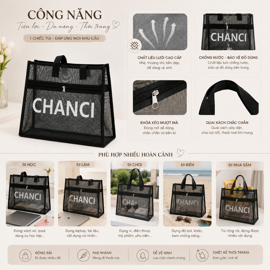 Túi Tote Lưới Nữ CHANCI Cao Cấp 2 Ngăn – Đi Học, Đi Biển Siêu Hot