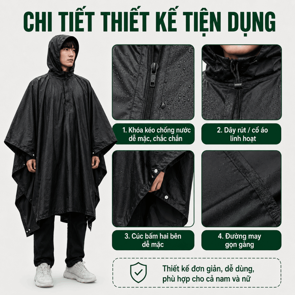 Áo Mưa 1 Người Cá Nhân Dáng Dài Che Phủ Toàn Thân, Mũ 3D Chắn Mưa, Khóa Kéo Cổ Cao Chống Nước Cho Nam Nữ