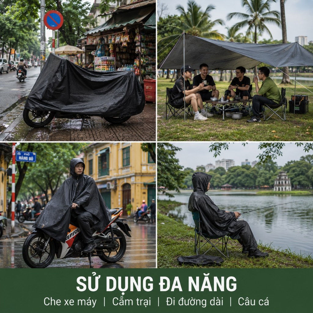 Áo Mưa 1 Người Cá Nhân Dáng Dài Che Phủ Toàn Thân, Mũ 3D Chắn Mưa, Khóa Kéo Cổ Cao Chống Nước Cho Nam Nữ
