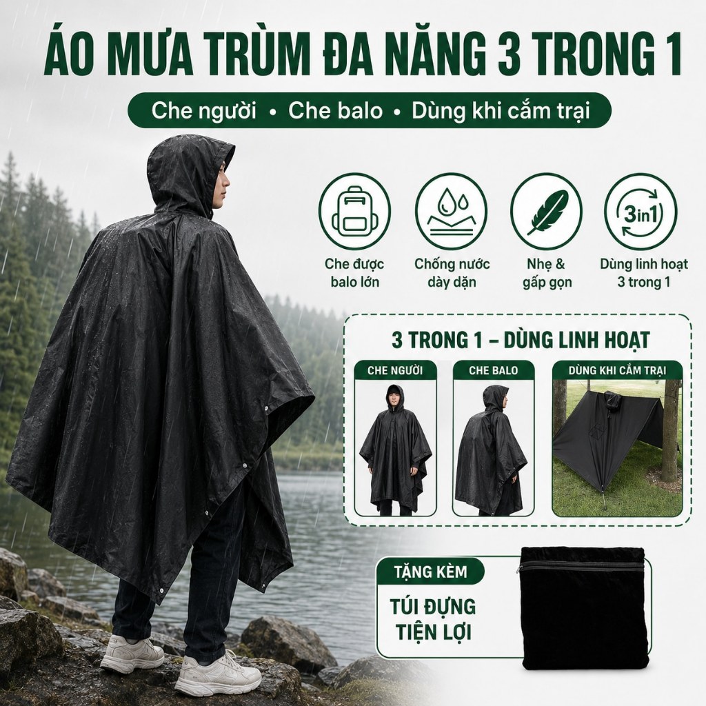 Áo Mưa 1 Người Cá Nhân Dáng Dài Che Phủ Toàn Thân, Mũ 3D Chắn Mưa, Khóa Kéo Cổ Cao Chống Nước Cho Nam Nữ