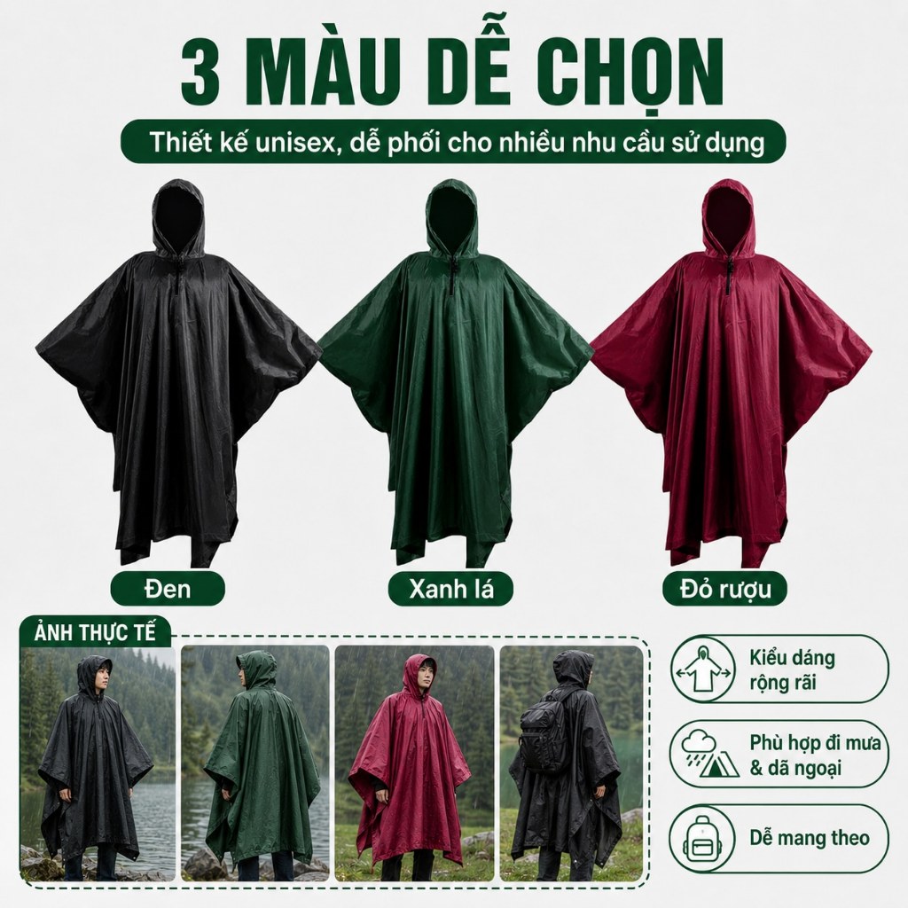 Áo Mưa 1 Người Cá Nhân Dáng Dài Che Phủ Toàn Thân, Mũ 3D Chắn Mưa, Khóa Kéo Cổ Cao Chống Nước Cho Nam Nữ