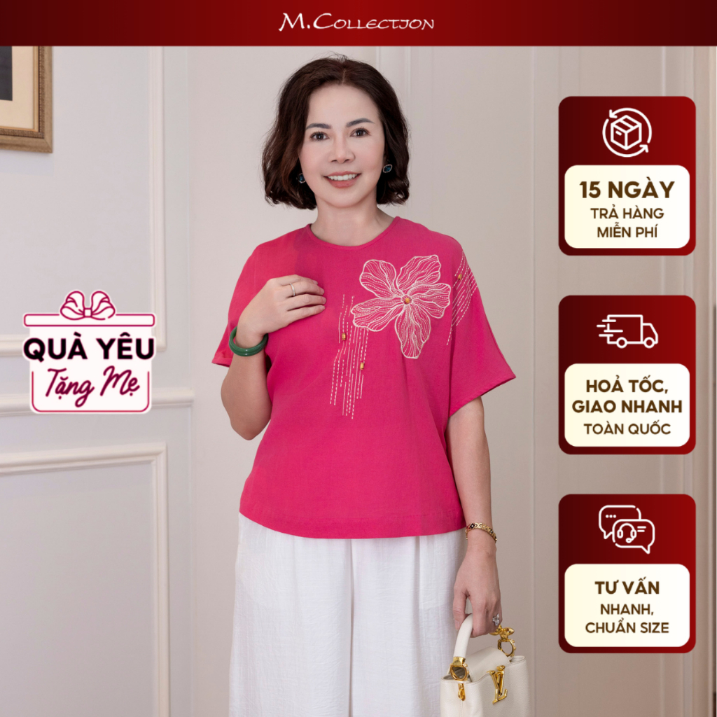 M COLLECTION | Áo Kiểu Nữ Trung Niên Tặng Mẹ, Bà Linen Thêu Hoa Cổ Tròn Tay Ngắn Cánh Dơi A12942