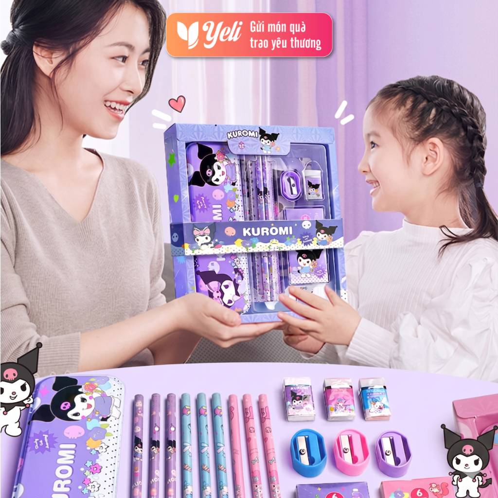Set hộp quà học tập cho bé, bộ dung cụ học tập 7 món gồm hộp bút, bút chì, bút màu, thước kẻ