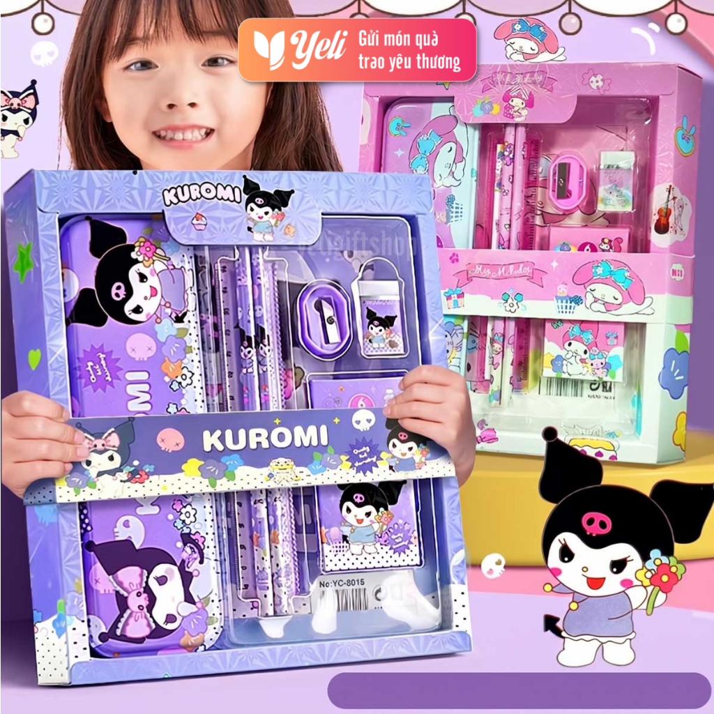 Set hộp quà học tập cho bé, bộ dung cụ học tập 7 món gồm hộp bút, bút chì, bút màu, thước kẻ