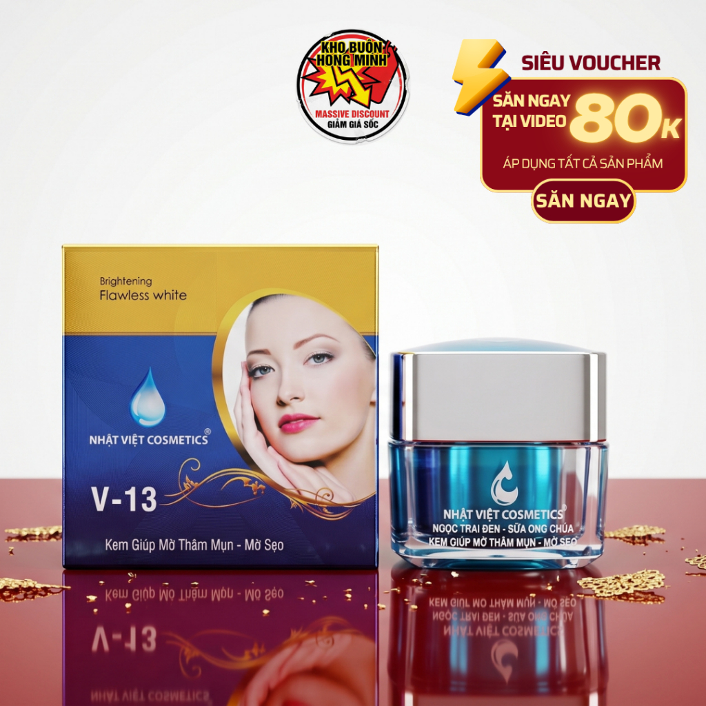 Nhật Việt V13 Kem Mụn Mờ Sẹo Thâm Giảm Nhờn Ngọc Trai Đen Sữa Ong Chúa 13g Xanh Vàng
