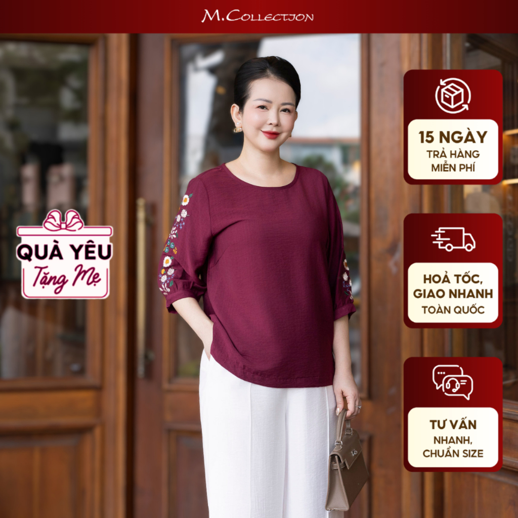 M COLLECTION | Áo Kiểu Nữ Trung Niên Tặng Mẹ, Bà Vải Lụa Hàn Cổ Tròn Tay Lỡ Thêu Hoa Xẻ Tà A09161