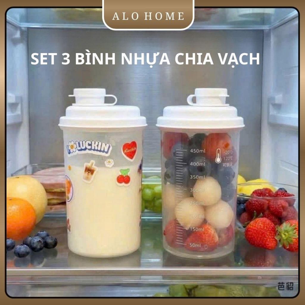 Set 3 Bình Nhựa Chia Vạch ALOHOME Đa Năng Có Nắp Đậy, Bình Đựng Nước Và Thực Phẩm Tiện Lợi