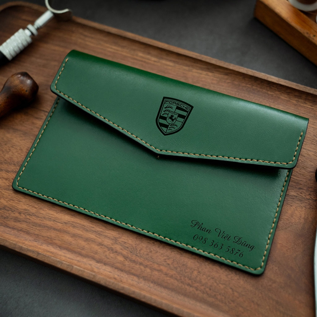 Mino Crafts - Túi da đựng giấy tờ đăng kiểm xe ô tô - Khắc logo - Da bò thật - Nhiều màu sắc