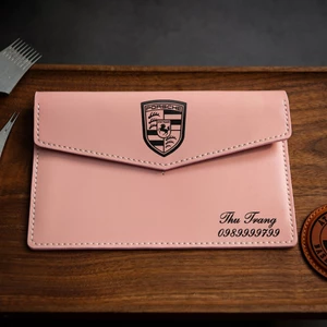 Mino Crafts - Túi da đựng giấy tờ đăng kiểm xe ô tô - Khắc logo - Da bò thật - Nhiều màu sắc