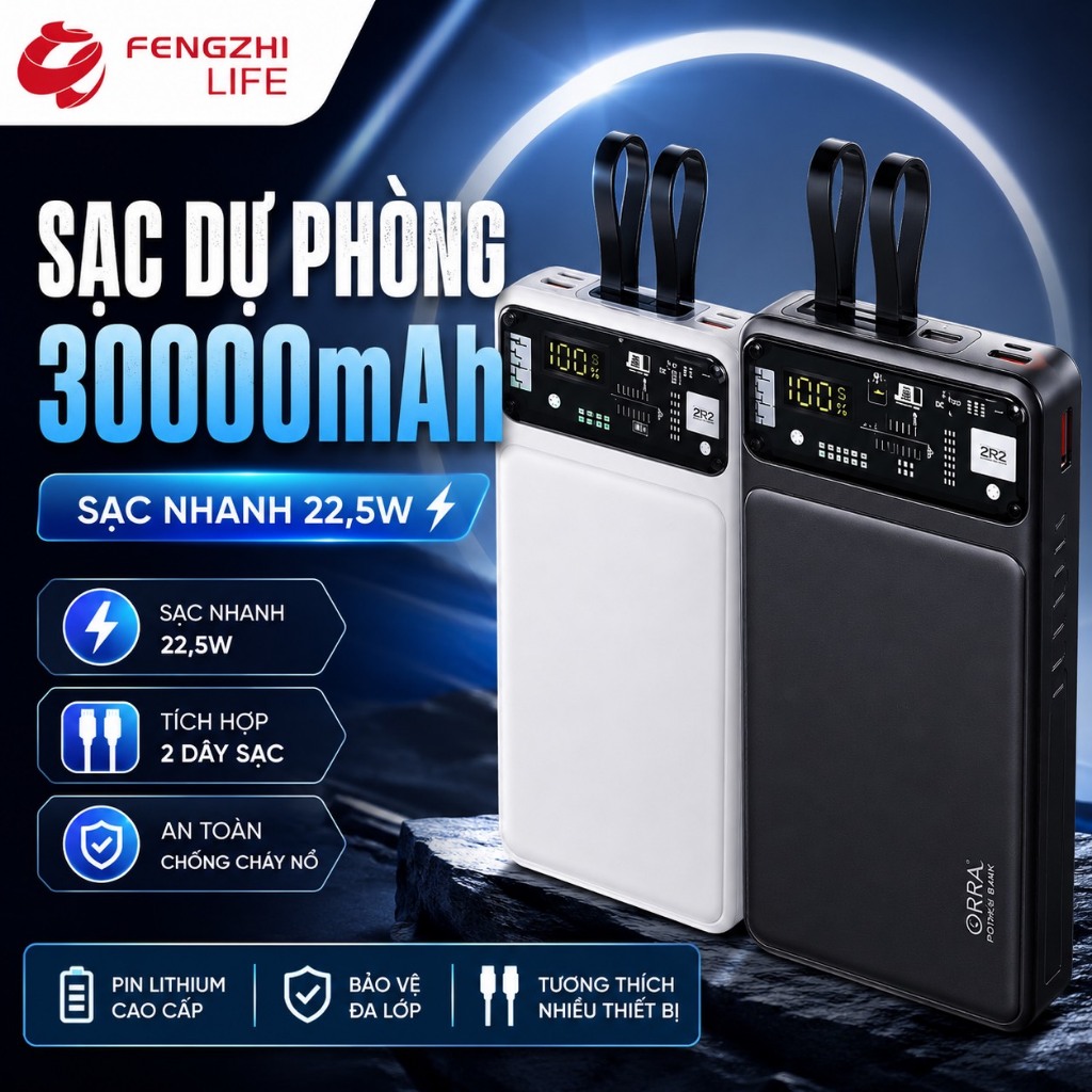 Sạc dự phòng 22,5w 30000mah kèm cổng type c sạc nhanh 2 chiều tích hợp 2 dây cáp hỗ trợ sạc nhiều thiết bị