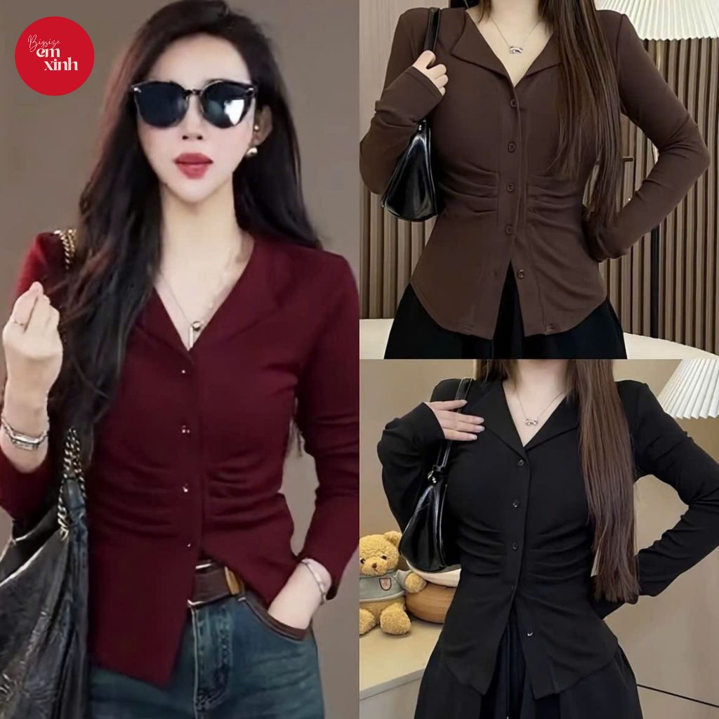 Áo Thun Nữ Dài Tay Cổ Bẻ Nhún Eo Có Nút Bs052 Chất Tăm Lạnh Size 50-90Kg - Emxinhbigsize