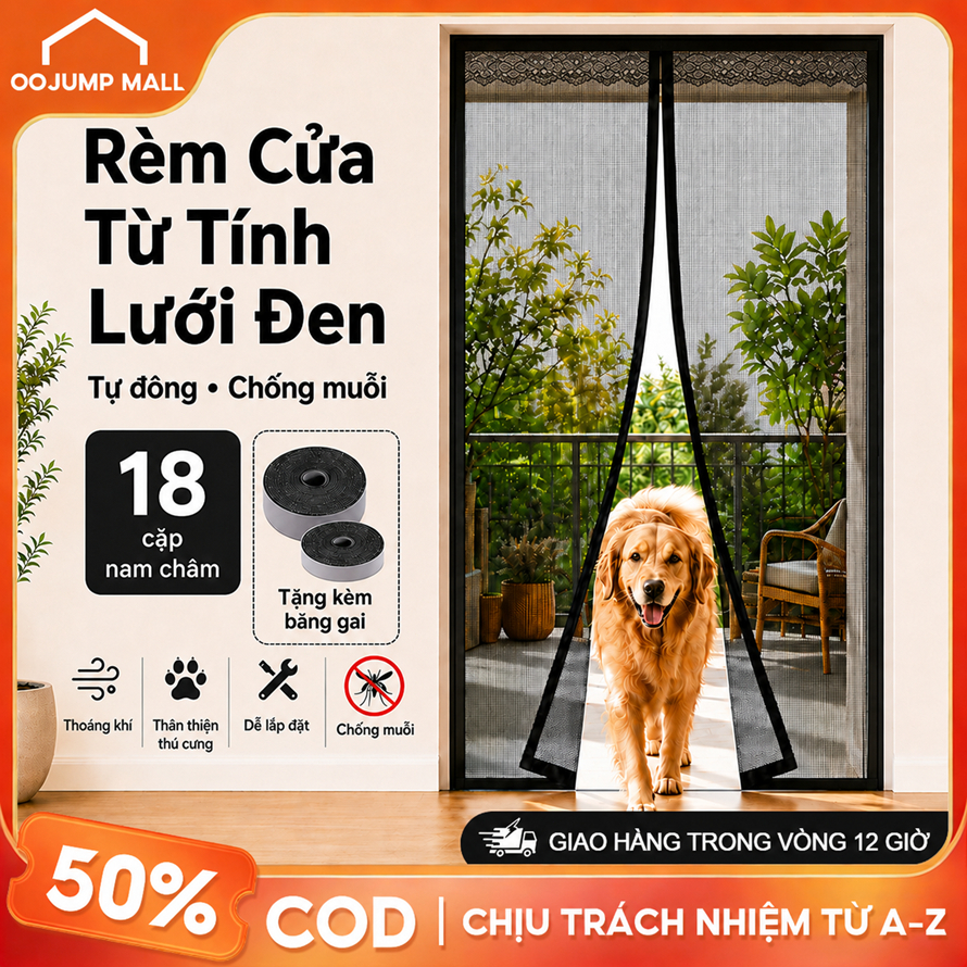 Cửa Lưới Từ Tính Tự Động 210x100cm, Chống Muỗi Côn Trùng, Dán Khung Không Khoan, Vải Lưới Dày Bền, Thiết Kế Viền Ren Đẹp