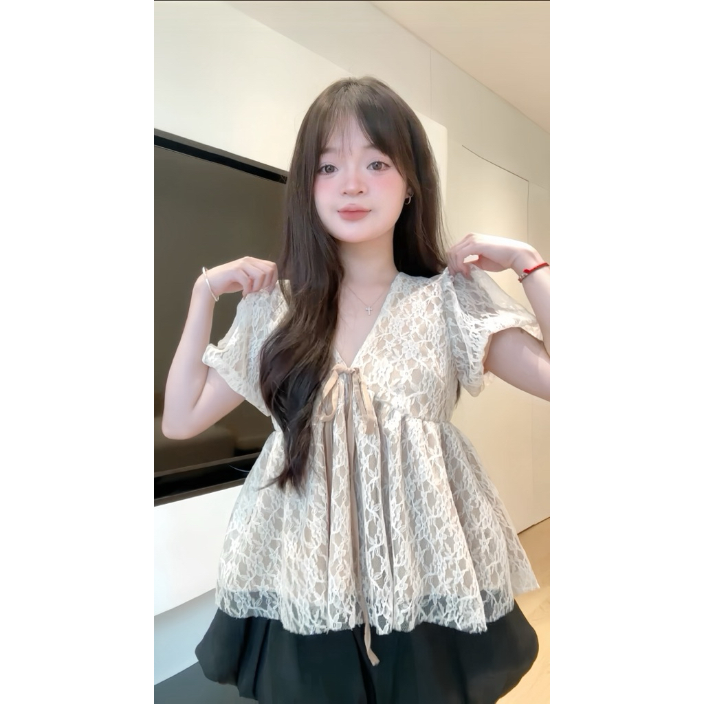 Áo Nữ Babydoll Phối Ren Cổ Tim Tay Phồng Dáng Ngắn Mùa Hè Tiểu Thư Công Chúa Dilyshop - A153