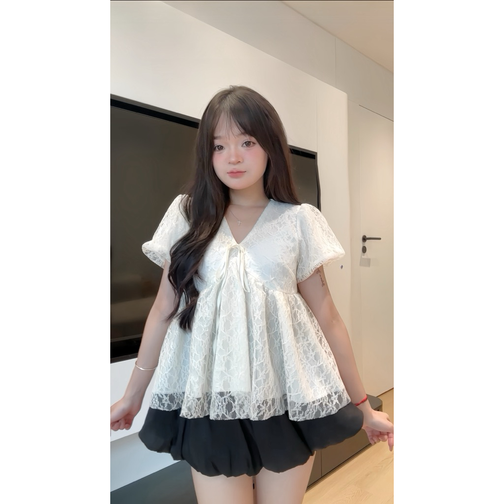Áo Nữ Babydoll Phối Ren Cổ Tim Tay Phồng Dáng Ngắn Mùa Hè Tiểu Thư Công Chúa Dilyshop - A153