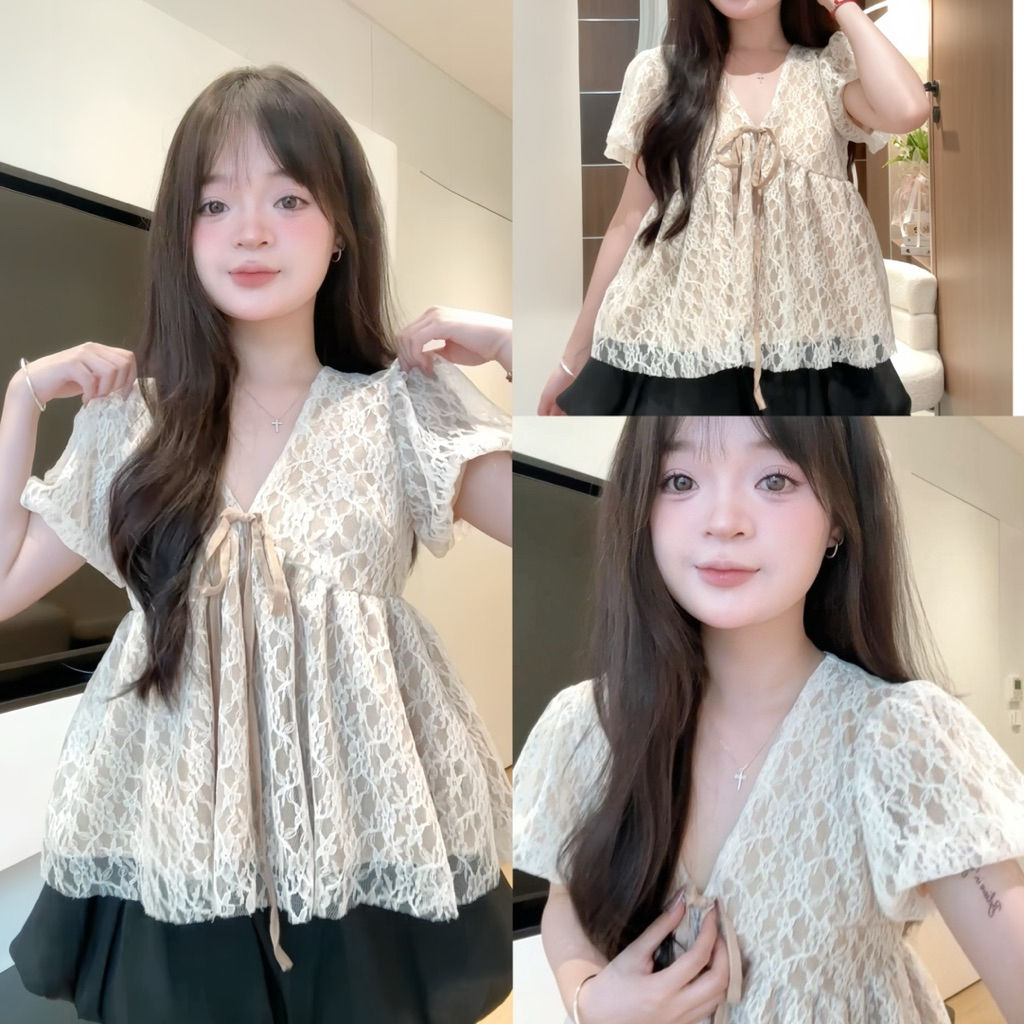 Áo Nữ Babydoll Phối Ren Cổ Tim Tay Phồng Dáng Ngắn Mùa Hè Tiểu Thư Công Chúa Dilyshop - A153
