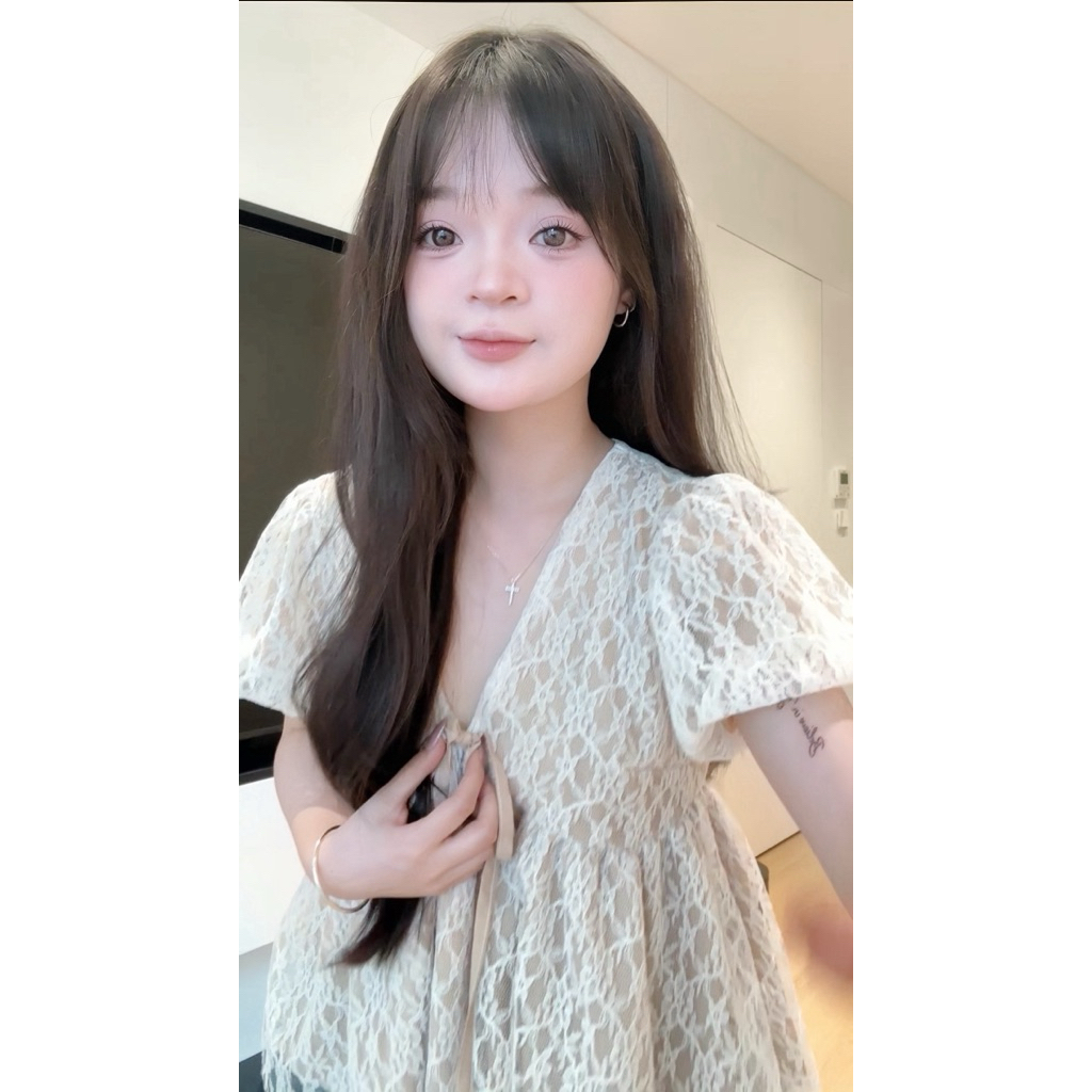 Áo Nữ Babydoll Phối Ren Cổ Tim Tay Phồng Dáng Ngắn Mùa Hè Tiểu Thư Công Chúa Dilyshop - A153