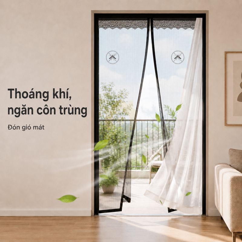 Cửa Lưới Từ Tính Tự Động 210x100cm, Chống Muỗi Côn Trùng, Dán Khung Không Khoan, Vải Lưới Dày Bền, Thiết Kế Viền Ren Đẹp