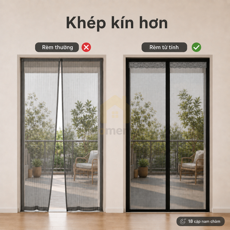 Cửa Lưới Từ Tính Tự Động 210x100cm, Chống Muỗi Côn Trùng, Dán Khung Không Khoan, Vải Lưới Dày Bền, Thiết Kế Viền Ren Đẹp