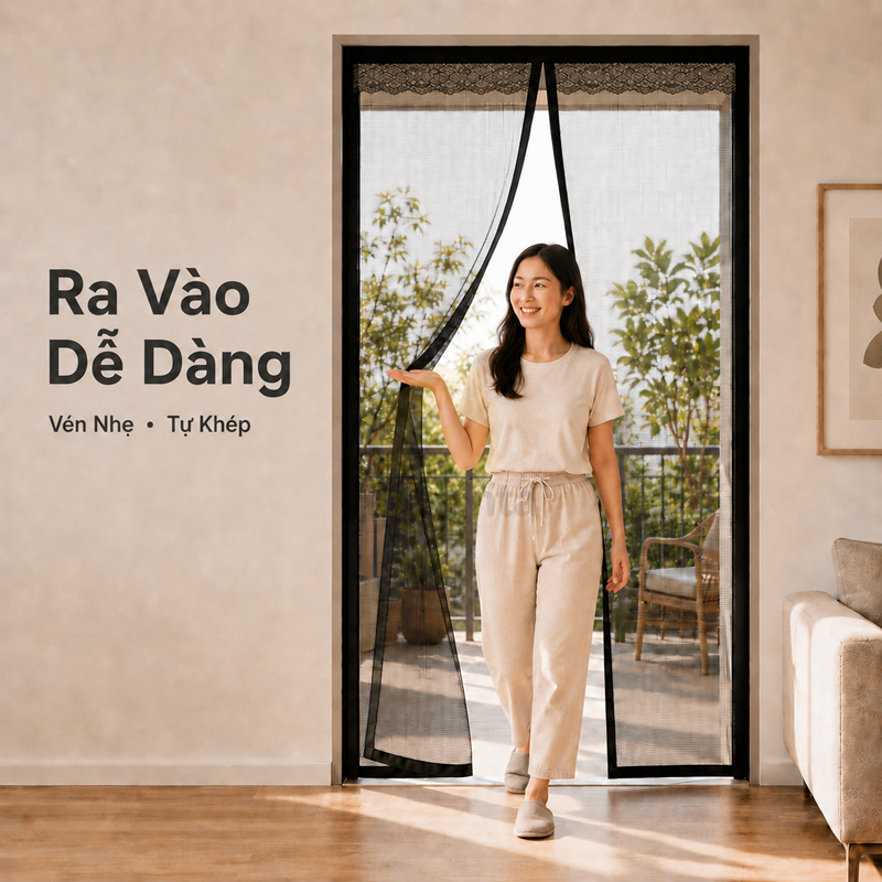 Cửa Lưới Từ Tính Tự Động 210x100cm, Chống Muỗi Côn Trùng, Dán Khung Không Khoan, Vải Lưới Dày Bền, Thiết Kế Viền Ren Đẹp
