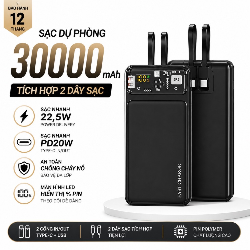 Sạc dự phòng 30000mAh sạc nhanh 22.5W 2 dây tích hợp màn hình LED tương thích mọi thiết bị