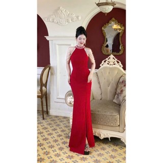 Đầm dạ hội cổ yếm trơn sẻ đùi dáng dài maxi sang trọng thanh lịch[damvaythietke] màu đỏ, đen, cam, vàng. có đủ size M127