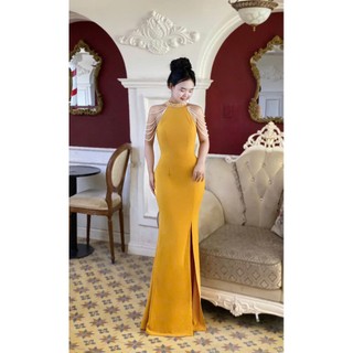 Đầm dạ hội cổ yếm trơn sẻ đùi dáng dài maxi sang trọng thanh lịch[damvaythietke] màu đỏ, đen, cam, vàng. có đủ size M127