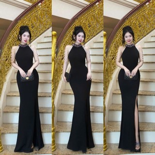 Đầm dạ hội cổ yếm trơn sẻ đùi dáng dài maxi sang trọng thanh lịch[damvaythietke] màu đỏ, đen, cam, vàng. có đủ size M127