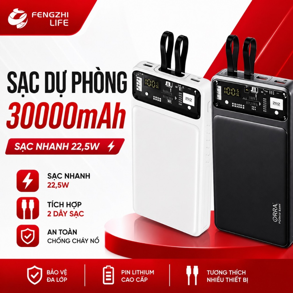 Sạc Dự Phòng 30000mAh Sạc Nhanh 22,5W PD 20W Tích Hợp 2 Dây Sạc Cho Nhiều Thiết Bị Màn Hình Led