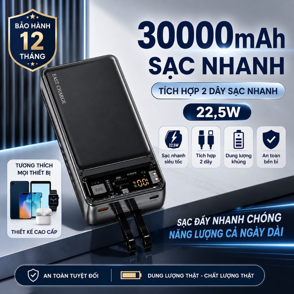 Sạc Dự Phòng 30000mAh Sạc Nhanh 22.5W Tích Hợp 2 Dây Sạc Cho Nhiều Thiết Bị Siêu Tiện Lợi