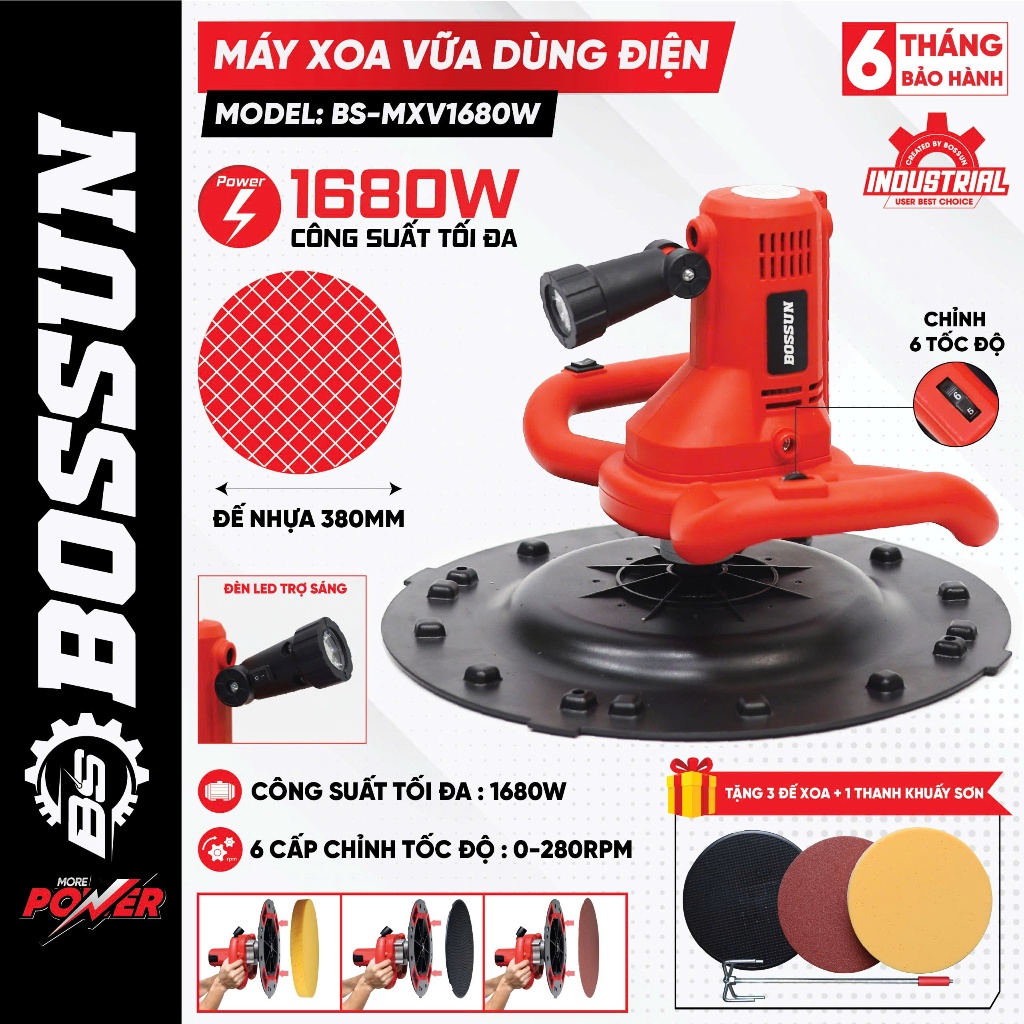 [Bảo Hành 12Th] Máy Xoa Vữa Đa Năng Bossun BS-MXV1680W Xoa Vữa Trát Tường, Chà Nhám, Đánh Bóng, Khuấy Sơn - 6 Tốc Độ