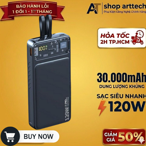 Sạc dự phòng 30000mAh sạc nhanh 120W kèm 2 dây Type C &Ln Màn hình led % Pin sạc 3 thiết bị cùng lúc