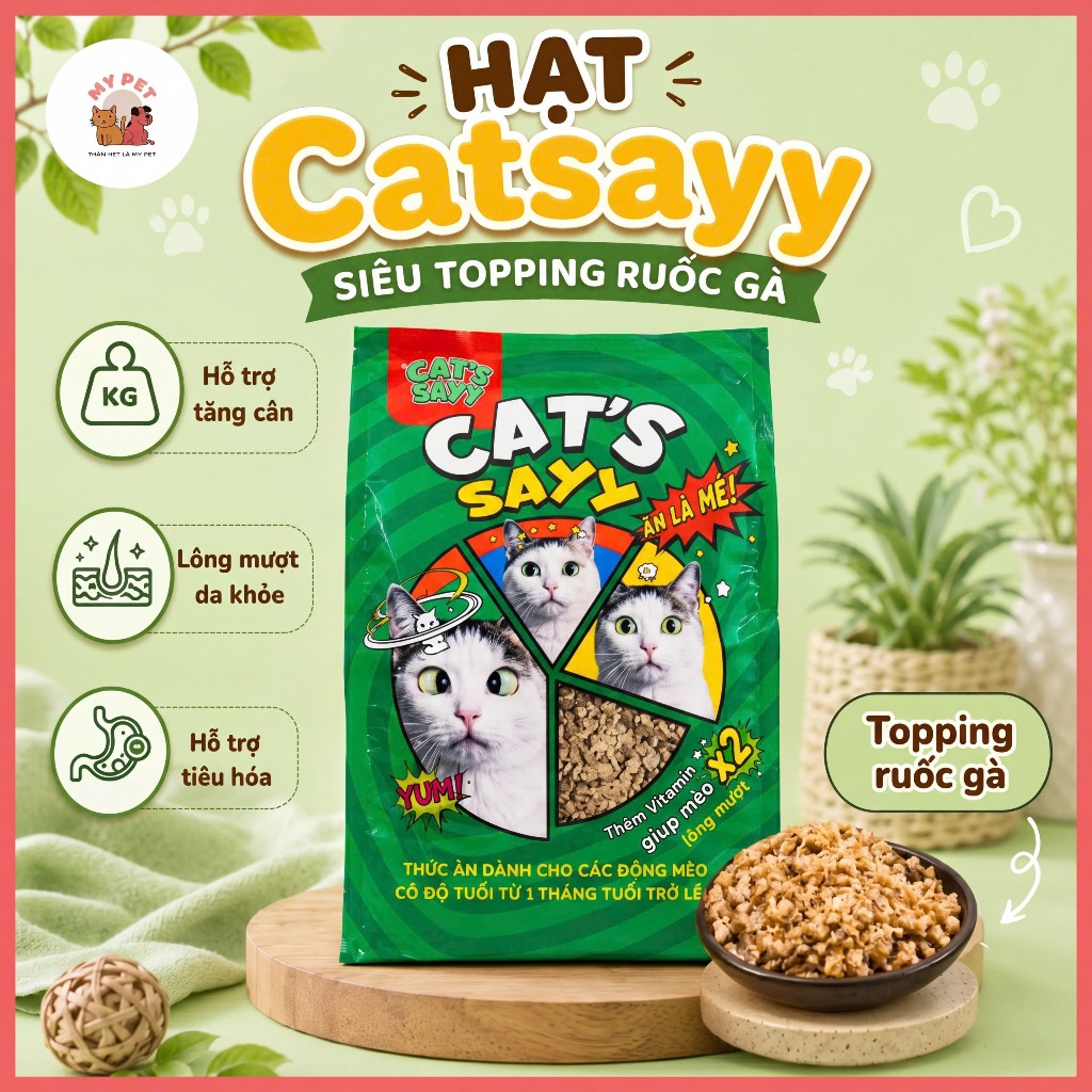Hạt cao cấp CATSAYY - Siêu Topping Ruốc Gà, Tăng cân, Hỗ trợ làm mượt lông mọi lứa tuổi túi 1kg