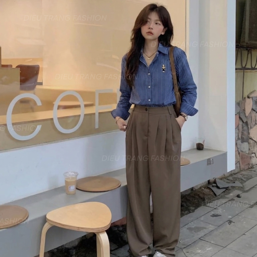 Áo Sơ Mi Nữ Tay Dài Kẻ Sọc Form Suông Thêu Logo Công Sở Big Size 55-90Kg AT9030 Diệu Trang Fashion
